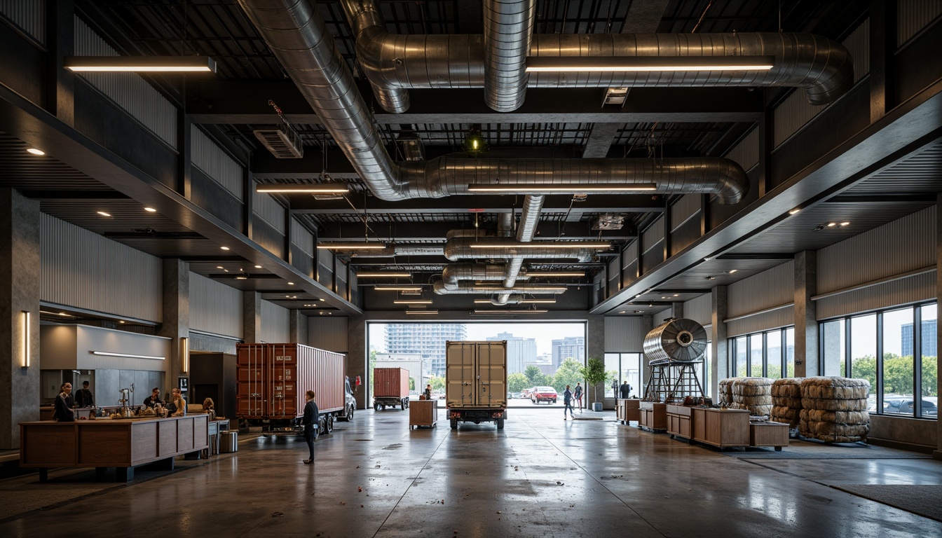 Prompt: Exposed ductwork, metal beams, polished concrete floors, industrial chic decor, reclaimed wood accents, functional pipes, minimalist lighting, sleek machinery, loading docks, shipping containers, cargo elevators, warehouse storage racks, commercial vehicles, urban cityscape, gritty textures, moody color palette, dramatic shadows, cinematic lighting, 3/4 composition, symmetrical framing, realistic atmospheric effects.