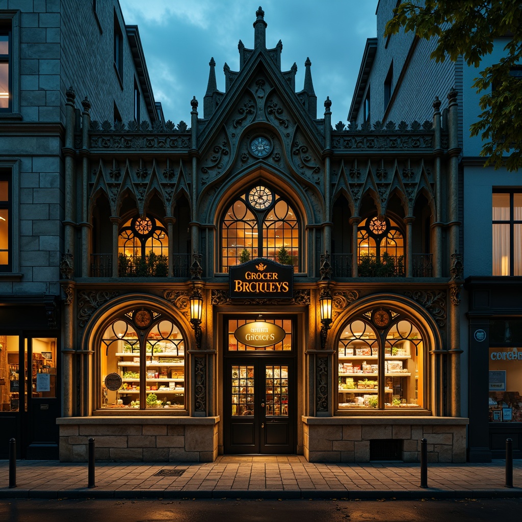 Prompt: Gothic-inspired grocery store facade, ornate stone carvings, pointed arches, ribbed vaults, flying buttresses, grand entrance, stained glass windows, intricate metalwork, mystical lanterns, medieval-style signage, weathered stone walls, dark-toned brickwork, mysterious nighttime ambiance, warm golden lighting, atmospheric fog, shallow depth of field, 1/1 composition, realistic textures, ambient occlusion.