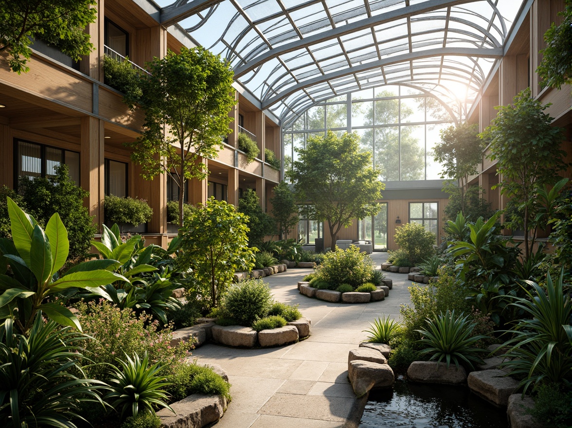 Prompt: Vibrant greenhouse interior, lush greenery, tropical plants, natural stone walls, wooden trellises, misting systems, warm soft lighting, shallow depth of field, 3/4 composition, panoramic view, realistic textures, ambient occlusion, curved glass roofs, metal frames, modern minimalist architecture, sustainable energy solutions, solar panels, rainwater harvesting systems, eco-friendly materials, innovative climate control technologies, shaded outdoor spaces, serene natural ambiance, blooming flowers, butterfly habitats, peaceful water features.