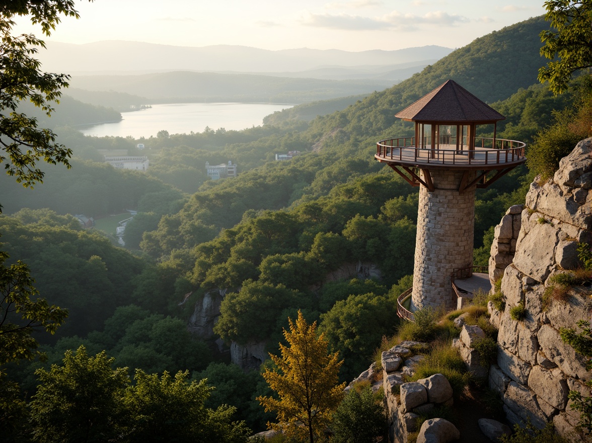 Prompt: Scenic watchtower, harmonious landscape integration, rugged stone walls, wooden observation decks, panoramic views, rolling hills, lush green forests, serene lakeside, misty morning atmosphere, warm sunlight filtering through trees, gentle breeze, natural blend of architecture and nature, curved lines, organic shapes, earthy tones, rustic textures, ambient occlusion, shallow depth of field, 2/3 composition, cinematic lighting.