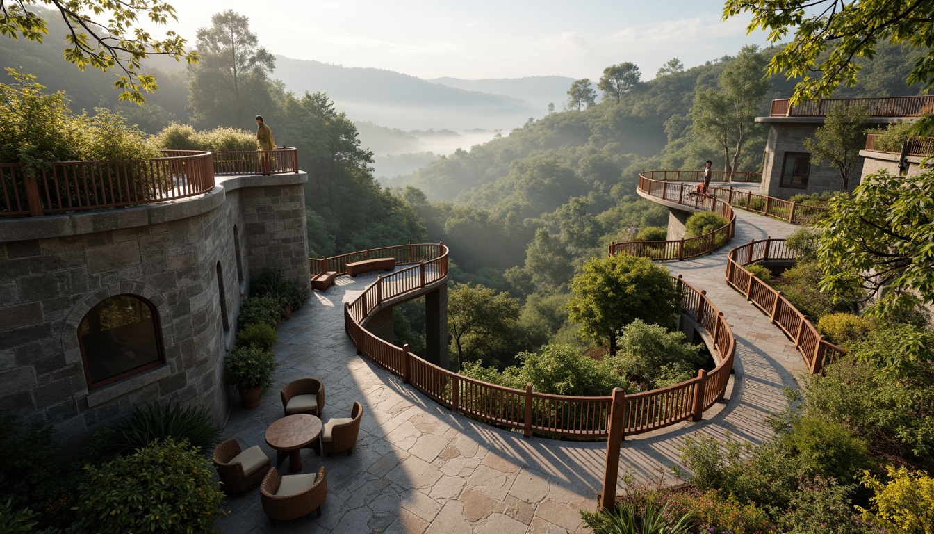 Prompt: Panoramic viewing deck, wooden railings, weathered stone walls, lush green roofs, native plant species, winding staircase, scenic lookout points, rustic outdoor furniture, natural stone flooring, earthy color palette, misty morning atmosphere, soft warm lighting, shallow depth of field, 3/4 composition, realistic textures, ambient occlusion, integration with surrounding landscape, harmonious balance between architecture and nature.