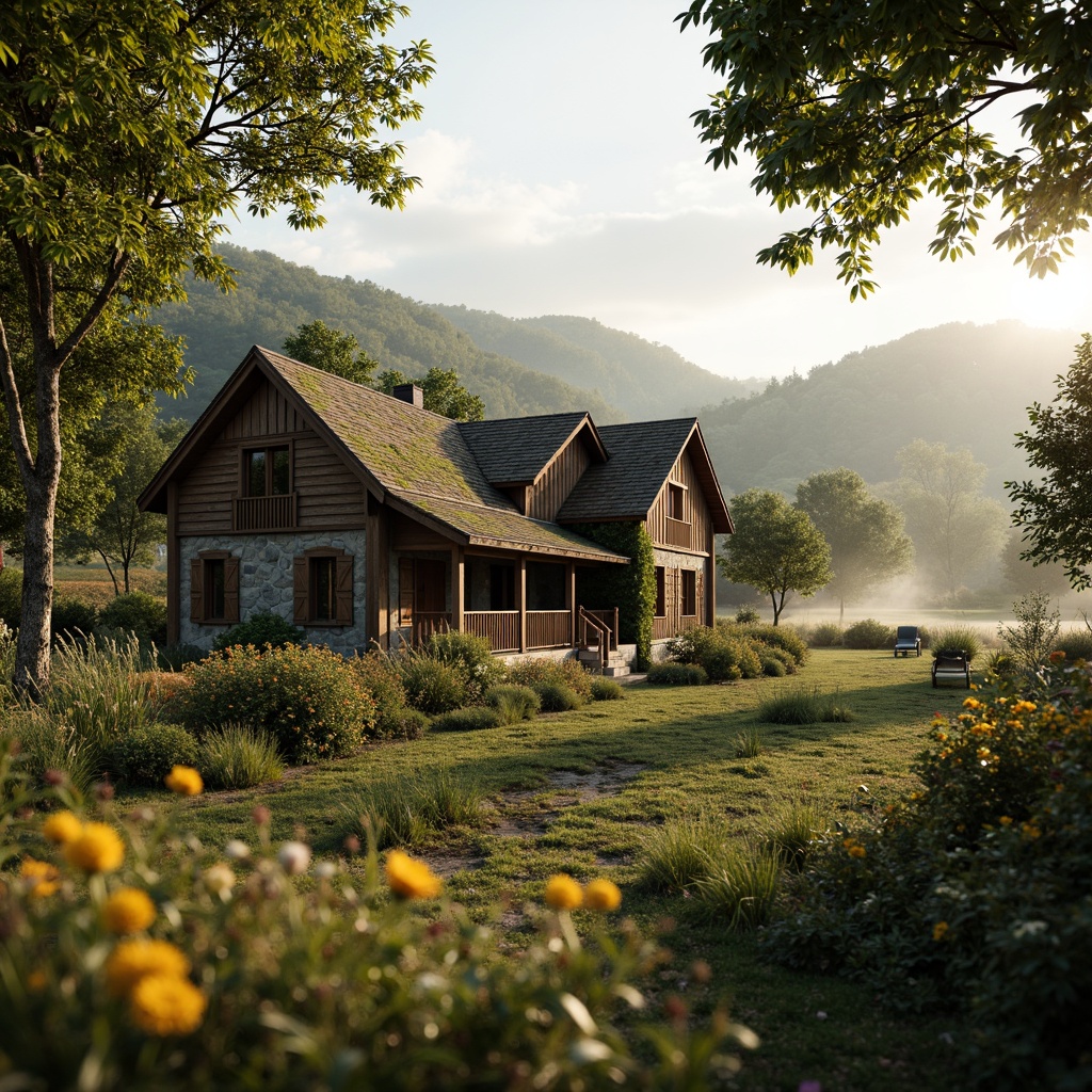 Prompt: Rustic countryside, wooden farmhouse, earthy tones, natural stone walls, weathered wood accents, moss-covered roofs, overgrown gardens, wildflower fields, serene landscape, soft warm lighting, misty morning atmosphere, 1/2 composition, intimate focus, realistic textures, ambient occlusion.