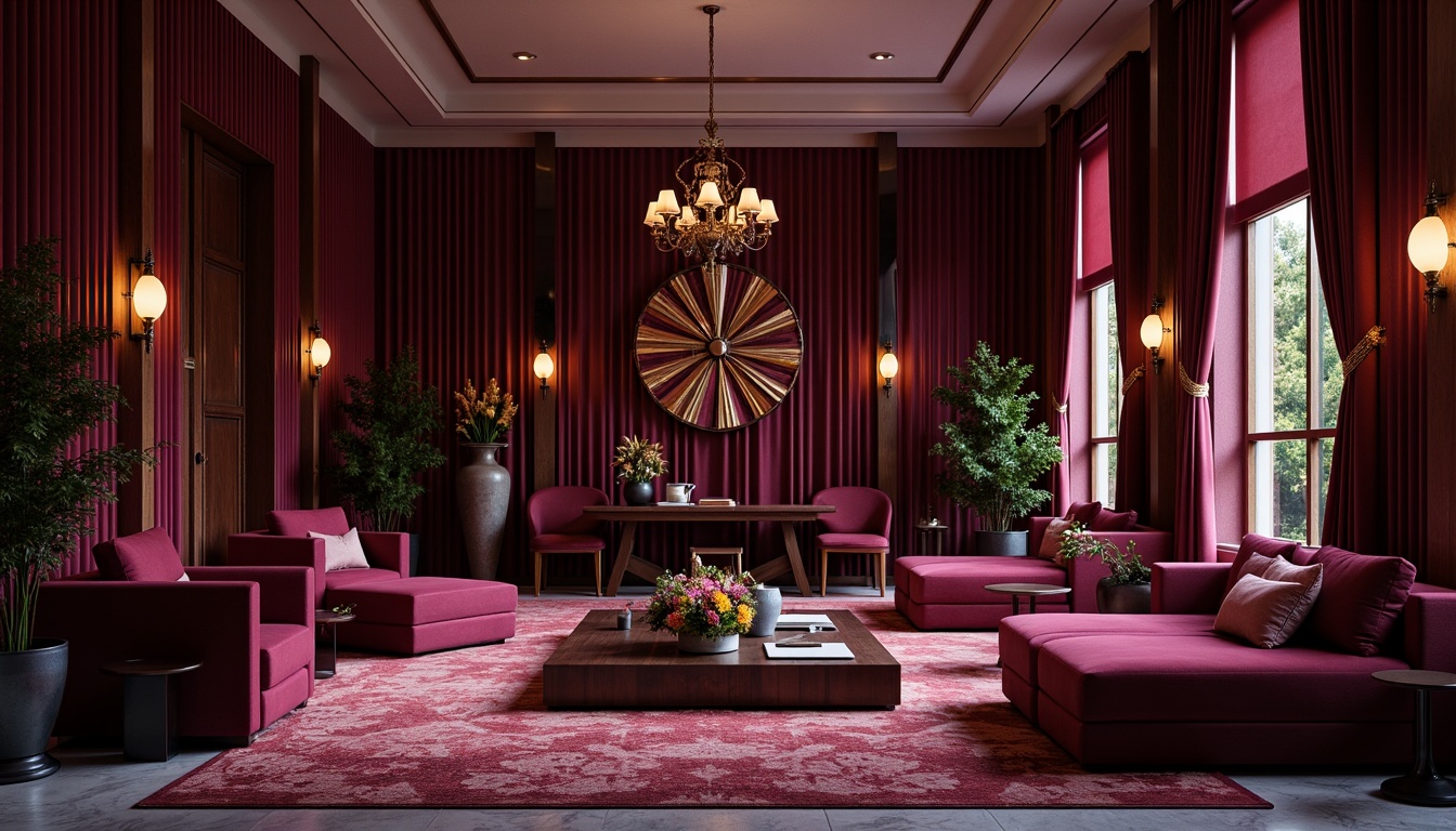 Prompt: Rich plum hues, luxurious velvet textures, ornate gold accents, lavish furnishings, opulent drapery, sophisticated modern architecture, sleek marble floors, dramatic chandeliers, intimate warm lighting, 1/1 composition, shallow depth of field, realistic renderings, ambient occlusion.