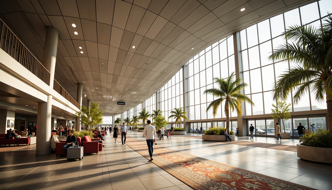 Prompt: Airport terminal building, curved aerodynamic lines, metallic materials, vast glass ceilings, natural light pouring in, luggage carts, departure boards, modern minimalistic interior design, comfortable seating areas, warm beige tones, regional cultural patterns, vibrant colorful accents, intricate Islamic geometric motifs, futuristic LED lighting, shallow depth of field, 1/2 composition, wide-angle lens, realistic reflections, ambient occlusion.