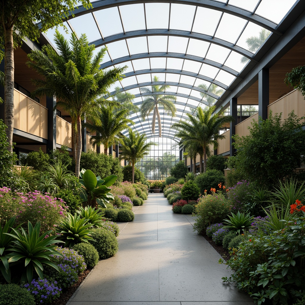 Prompt: Lush tropical plants, curved glass roofs, steel frame structures, transparent walls, misting systems, automatic irrigation, climate control systems, natural ventilation, wooden accents, modern minimalist design, industrial chic aesthetic, exposed ductwork, polished concrete floors, abundant natural light, soft warm lighting, shallow depth of field, 1/1 composition, symmetrical framing, vibrant colorful flowers, thriving greenery, serene atmosphere.