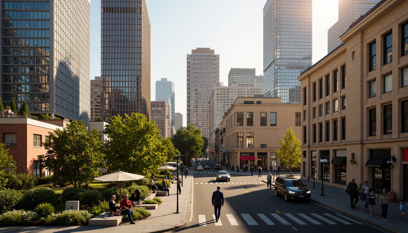 Prompt: Vibrant cityscape, bustling streets, modern skyscrapers, glass facades, urban parks, green roofs, pedestrian walkways, bike lanes, street art murals, eclectic neighborhoods, diverse cultural landmarks, historic buildings, ornate architectural details, warm golden lighting, shallow depth of field, 1/1 composition, realistic textures, ambient occlusion.