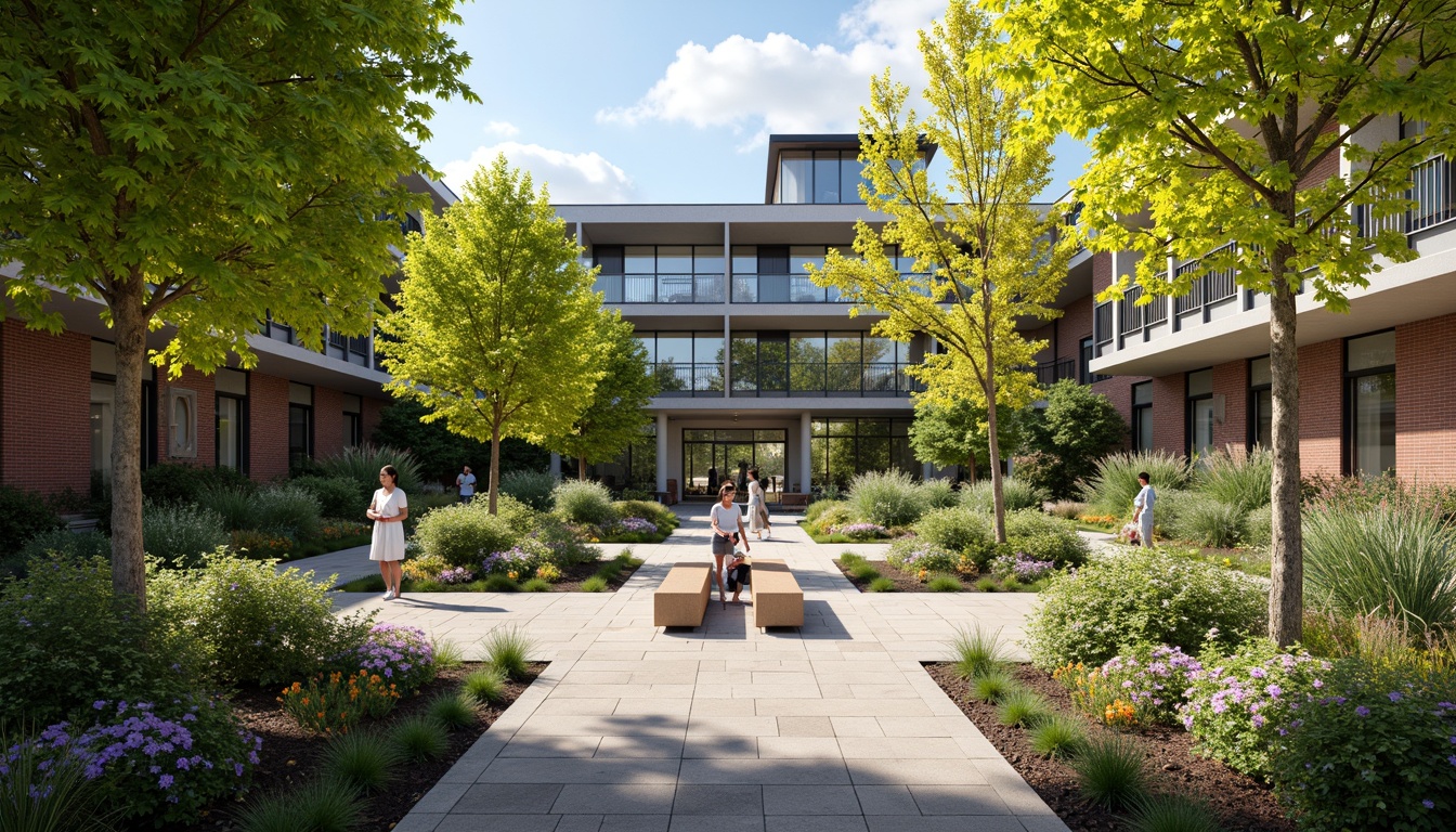 Prompt: Serene library courtyard, lush greenery, vibrant flowers, walking paths, reading benches, natural stone pavers, ornamental fountains, modern library architecture, large windows, glass doors, blooming trees, sunny day, soft warm lighting, shallow depth of field, 3/4 composition, panoramic view, realistic textures, ambient occlusion.