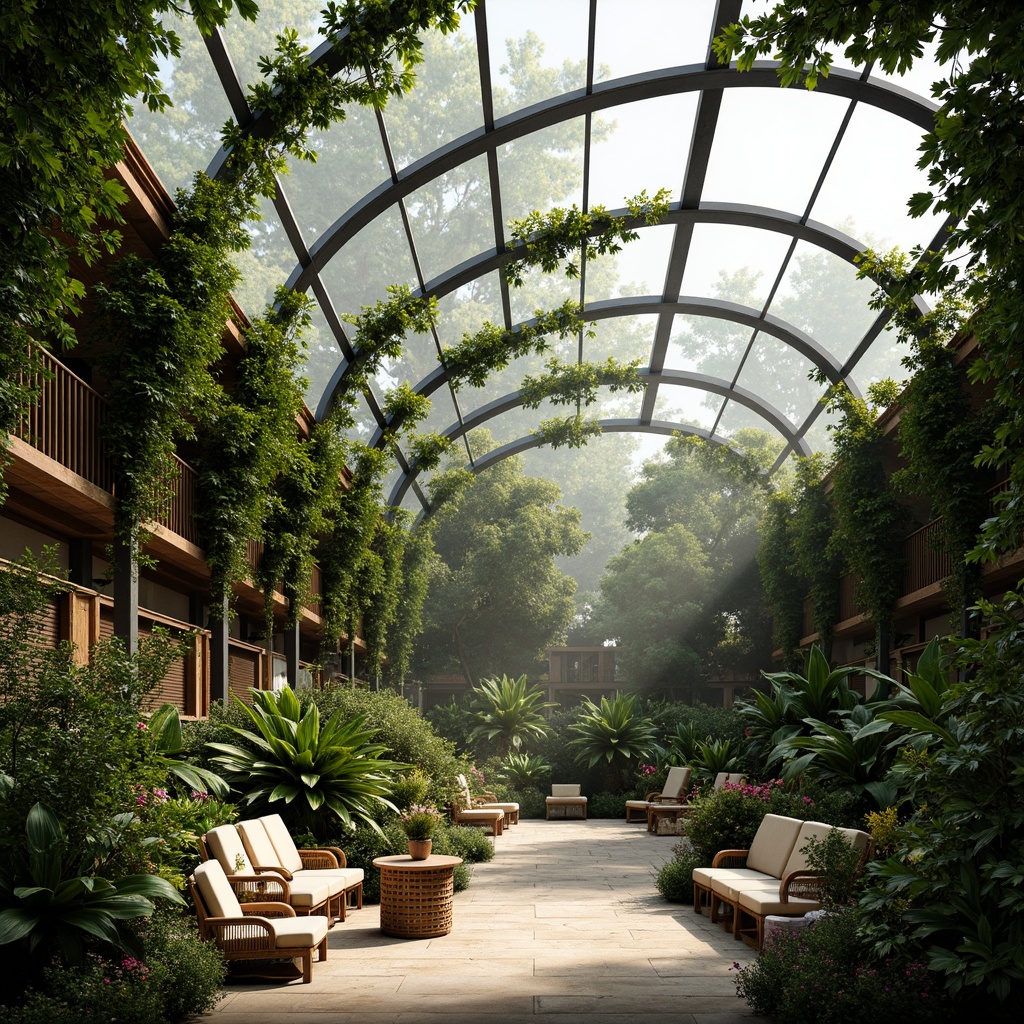 Prompt: Lush tropical plants, curved glass roofs, steel framework structures, wooden trellises, climbing vines, misting irrigation systems, natural ventilation systems, abundant daylight, warm humid climate, exotic flowers, rattan furniture, woven bamboo textures, rustic wooden accents, earthy color palette, organic shapes, 1/2 composition, soft diffused lighting, realistic plant renderings, subtle atmospheric fog.