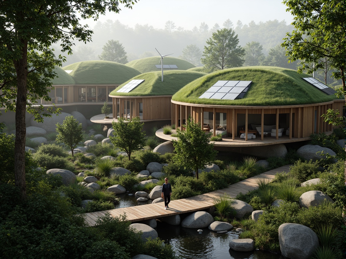 Prompt: Eco-friendly buildings, lush green roofs, solar panels, wind turbines, natural stone walls, wooden decks, serene forest surroundings, misty morning atmosphere, soft diffused lighting, 1/1 composition, intimate scale, organic forms, curvilinear lines, earthy tones, harmonious blend of architecture and nature, minimal environmental impact, sustainable design solutions, native plant species, meandering walkways, tranquil water features, rustic wooden bridges.