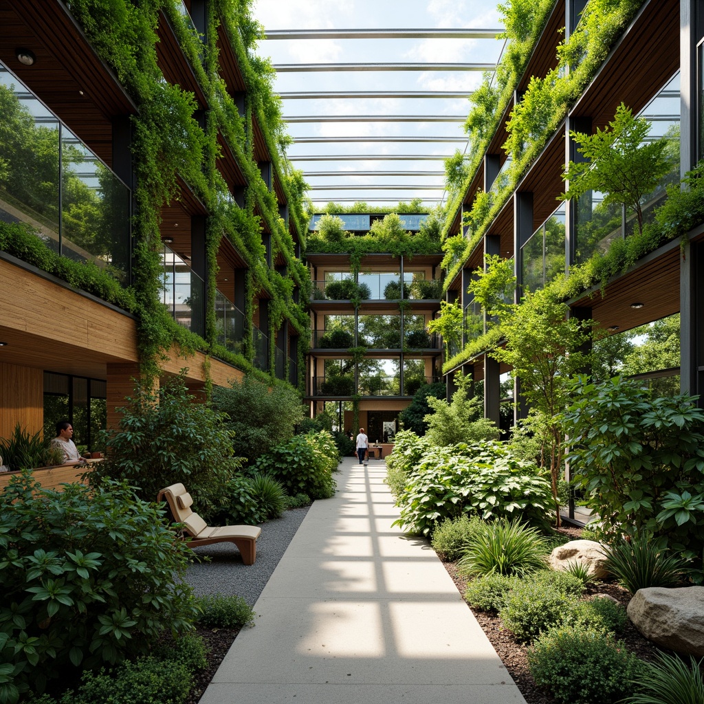 Prompt: Lush green walls, natural ventilation systems, solar panels, rainwater harvesting systems, organic gardens, recycled materials, energy-efficient glass roofs, clerestory windows, passive solar design, living walls, bamboo flooring, reclaimed wood accents, earthy color palette, misting irrigation systems, automatic shading devices, natural light optimization, 1/2 composition, soft diffused lighting, realistic textures, ambient occlusion.