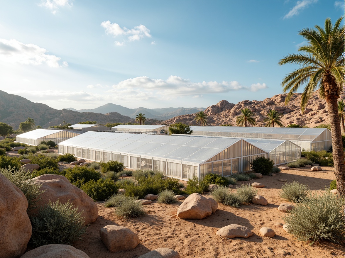 Prompt: Desert greenhouse, arid climate, intense sunlight, high temperatures, evaporative cooling systems, misting systems, shading devices, ventilation turbines, air circulation fans, humidification systems, cooling pads, insulated walls, reflective roofing materials, glazed windows, automatic irrigation systems, fogging systems, temperature control sensors, humidity monitoring devices, solar-powered ventilation, natural convection design, optimized air exchange rates, reduced heat gain, improved crop yields, healthy plant growth, increased air quality, comfortable working conditions, panoramic views, realistic textures, ambient occlusion.