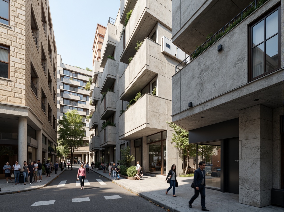 Prompt: Raw concrete walls, rugged stone cladding, brutalist architecture, fortress-like structures, geometric patterned facades, angular lines, minimalist ornamentation, exposed ductwork, industrial-style lighting, urban cityscape, busy streets, pedestrians in motion, dramatic shadows, high contrast lighting, shallow depth of field, 1/2 composition, realistic textures, ambient occlusion.