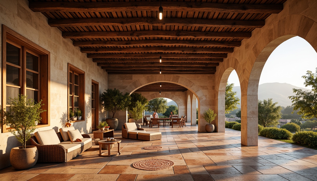 Prompt: Rustic wooden beams, stone walls, curved arches, ornate columns, vibrant tile work, intricate stucco patterns, regional cultural motifs, traditional building techniques, earthy color palette, natural textures, ambient lighting, warm cozy atmosphere, rural landscape, rolling hills, distant mountains, serene natural surroundings, soft golden light, 1/1 composition, realistic render, subtle depth of field.