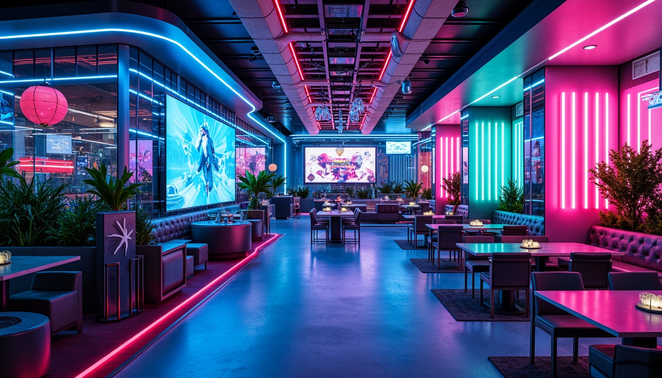 Prompt: Futuristic restaurant interior, neon-lit ambiance, metallic accents, glossy surfaces, holographic displays, cyberpunk-inspired decor, vibrant electric blue, hot pink, and lime green hues, LED light strips, fiber-optic chandeliers, futuristic furniture, sleek minimalist design, high-tech gadgetry, virtual reality experiences, space-age materials, iridescent sheen, reflective chrome finishes, avant-garde architecture, 3D-printed structures, abstract geometric patterns, dynamic lighting effects, shallow depth of field, wide-angle lens, cinematic composition.