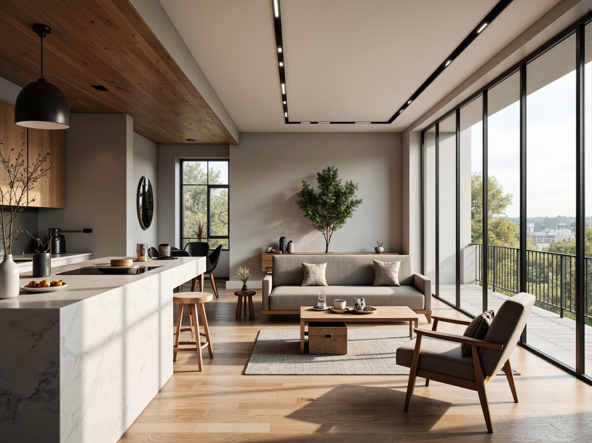 Prompt: Minimalist apartment interior, sleek modern furniture, polished marble countertops, warm wood flooring, industrial metal accents, floor-to-ceiling windows, sliding glass doors, natural textiles, soft pastel color palette, ambient LED lighting, 3/4 composition, shallow depth of field, realistic reflections, luxurious velvet fabrics, metallic hardware, Scandinavian-inspired design elements.