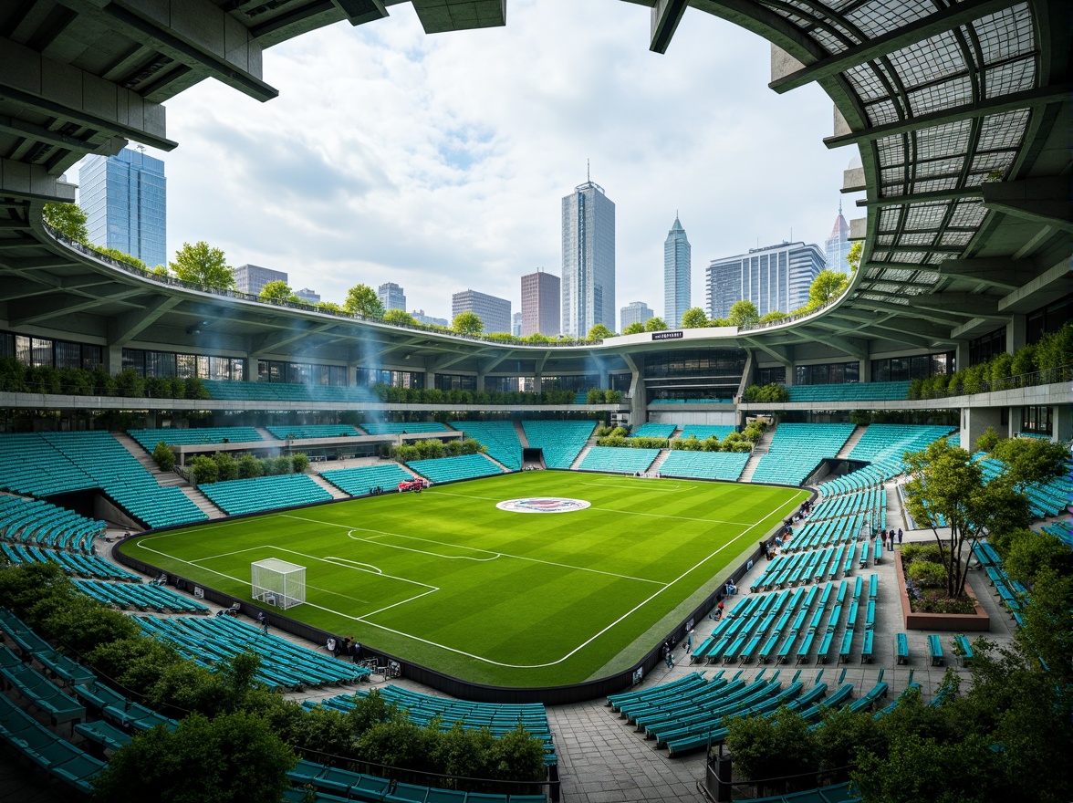 Prompt: Organic curvaceous soccer stadium, undulating green roofs, irregularly shaped spectator seats, wavy metal railings, biomimetic fa\u00e7ade patterns, vibrant turquoise accents, dynamic LED lighting systems, atmospheric misting effects, lush verdant surroundings, winding pedestrian walkways, futuristic cantilevered structures, minimalist concrete architecture, open-air amphitheater design, panoramic views of urban skyline, shallow depth of field, 3/4 composition, realistic metallic textures, ambient occlusion.