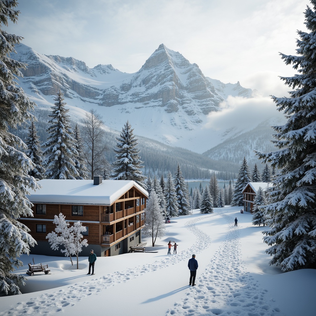 Prompt: Snow-capped mountains, frosty air, winter sports equipment, ski lifts, snowy trails, wooden chalets, rustic architecture, earthy tones, warm beige, creamy whites, icy blues, frozen lakes, misty mornings, soft powdery snow, atmospheric lighting, shallow depth of field, 3/4 composition, panoramic view, realistic textures, ambient occlusion.