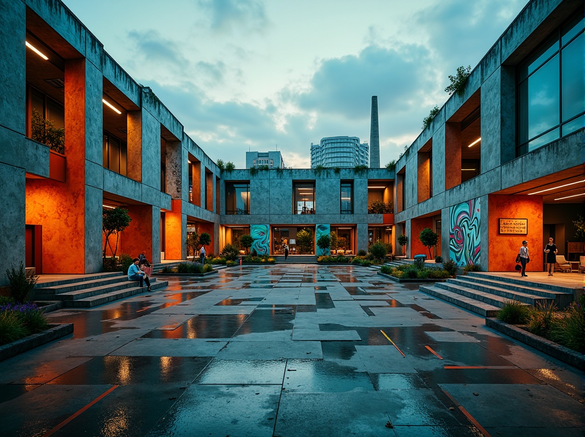 Prompt: Deconstructed gymnasium, brutalist architecture, exposed concrete walls, rusted metal beams, fragmented shapes, bold color palette, vibrant orange accents, deep blue tones, neon green highlights, industrial textures, metallic sheen, dramatic lighting effects, high-contrast shadows, abstract murals, geometric patterns, dynamic compositions, futuristic atmosphere, urban landscape, cityscape views, cloudy skies, moody weather conditions, shallow depth of field, 1/2 composition, cinematic framing.