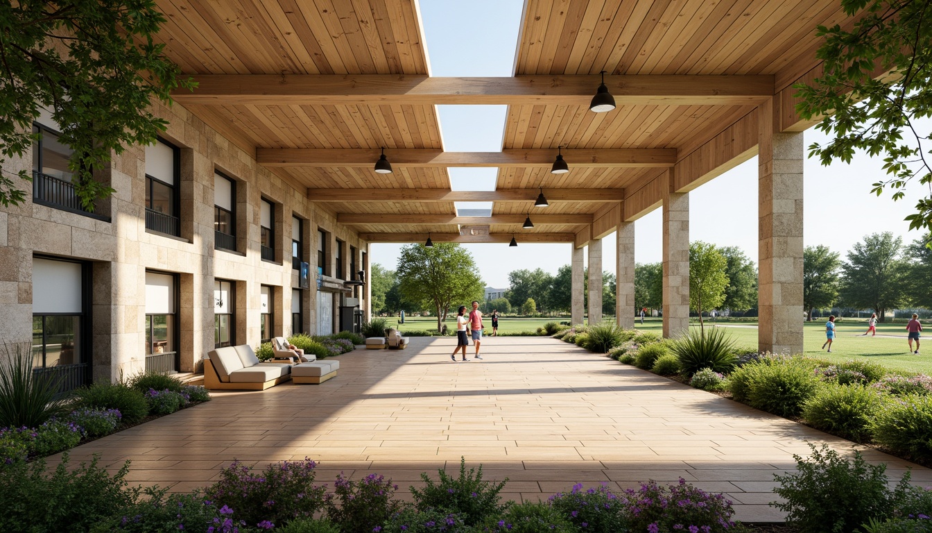 Prompt: Panoramic gymnasium interior, natural stone walls, wooden flooring, floor-to-ceiling windows, lush greenery, vibrant flowers, outdoor sports facilities, basketball courts, soccer fields, tennis courts, running tracks, modern architectural design, angular lines, minimalist decor, eco-friendly materials, sustainable energy solutions, solar panels, water conservation systems, green roofs, innovative cooling technologies, shaded outdoor spaces, misting systems, spacious open areas, 3/4 composition, realistic textures, ambient occlusion.