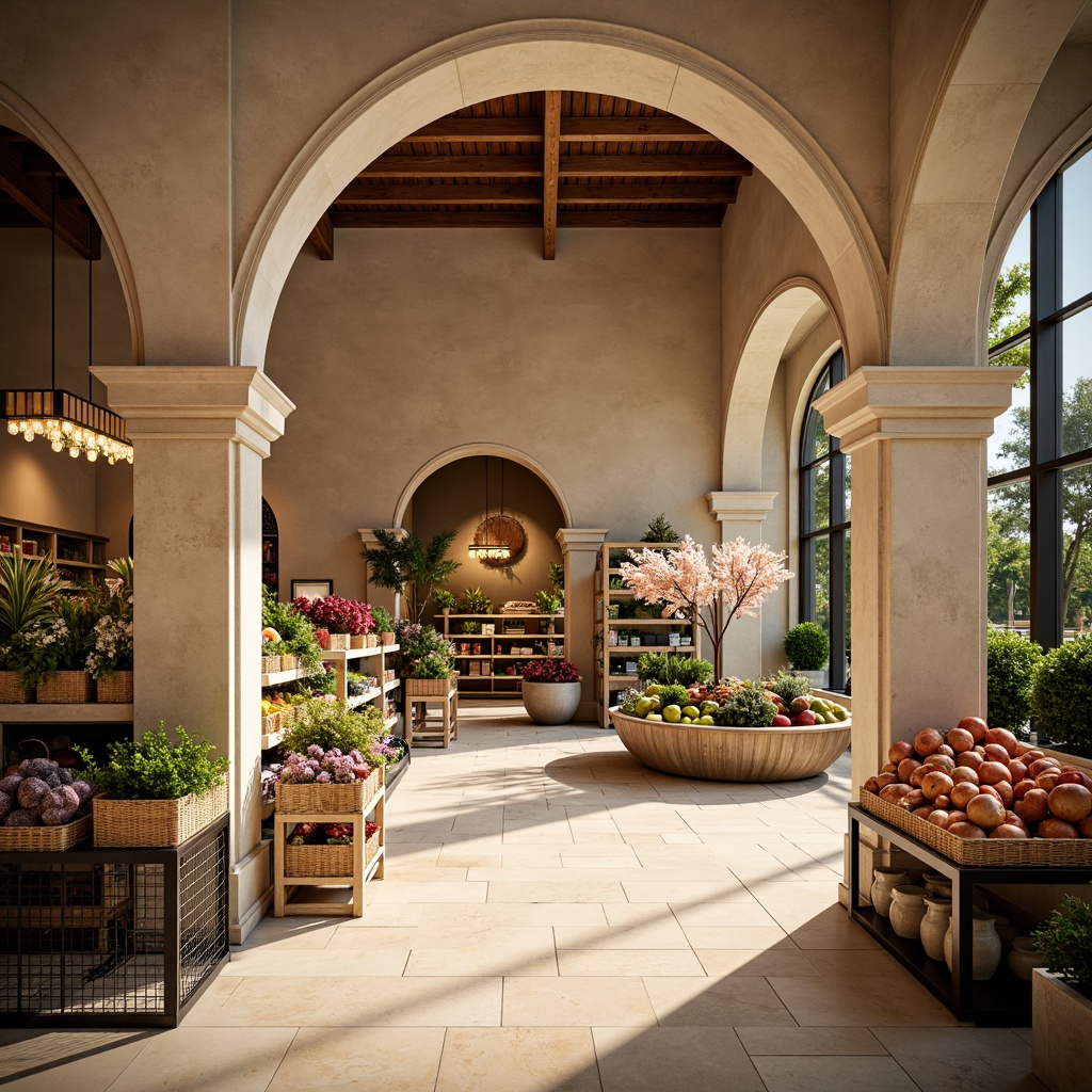 Prompt: Inviting grocery store interior, archway entrances, natural stone columns, warm beige tones, polished marble floors, wooden shelves, modern metal racks, vibrant produce displays, fresh flower arrangements, elegant chandeliers, soft ambient lighting, shallow depth of field, 3/4 composition, realistic textures, ambient occlusion, bustling shopping atmosphere, morning sunlight, gentle shadows.