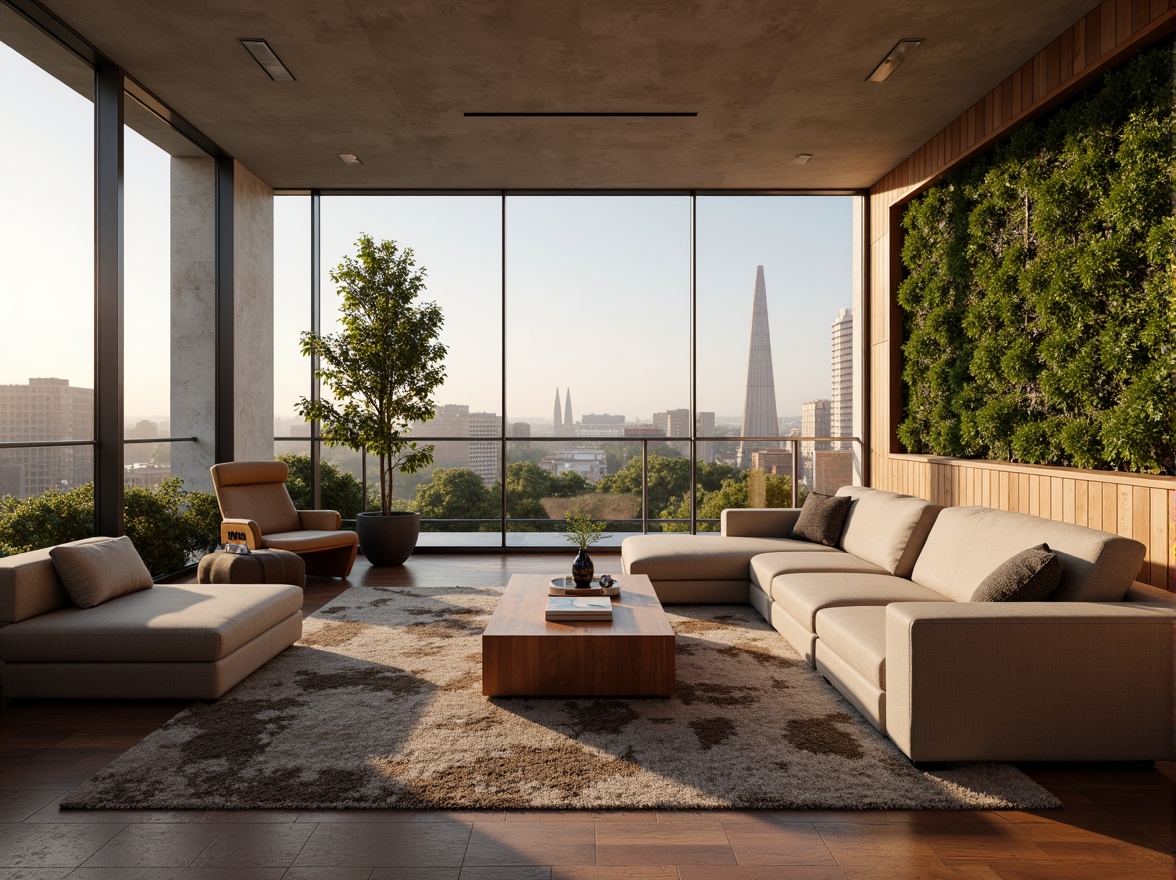 Prompt: Cozy living room, plush furniture, warm lighting, natural wood accents, earthy color palette, comfortable seating areas, decorative rugs, floor-to-ceiling windows, cityscape views, modern minimalist decor, sleek metal frames, greenery wall, ambient occlusion, shallow depth of field, 3/4 composition, softbox lighting, relaxed atmosphere.