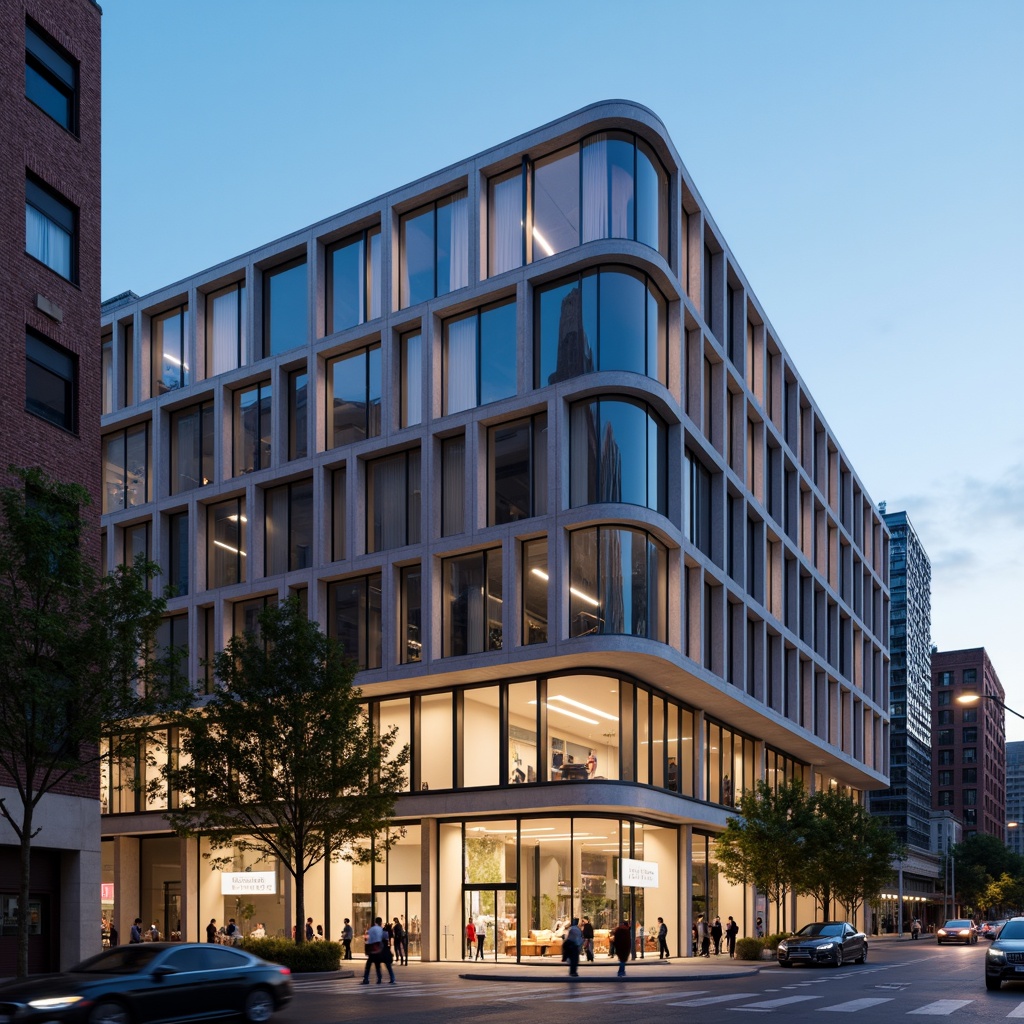 Prompt: Modernist building facade, rectangular forms, clean lines, minimal ornamentation, large glass windows, steel frames, concrete materials, neutral color palette, urban cityscape, busy streets, contemporary architecture, abstract sculptures, geometric patterns, LED lighting systems, evening ambiance, shallow depth of field, 2/3 composition, symmetrical balance, high-contrast textures.