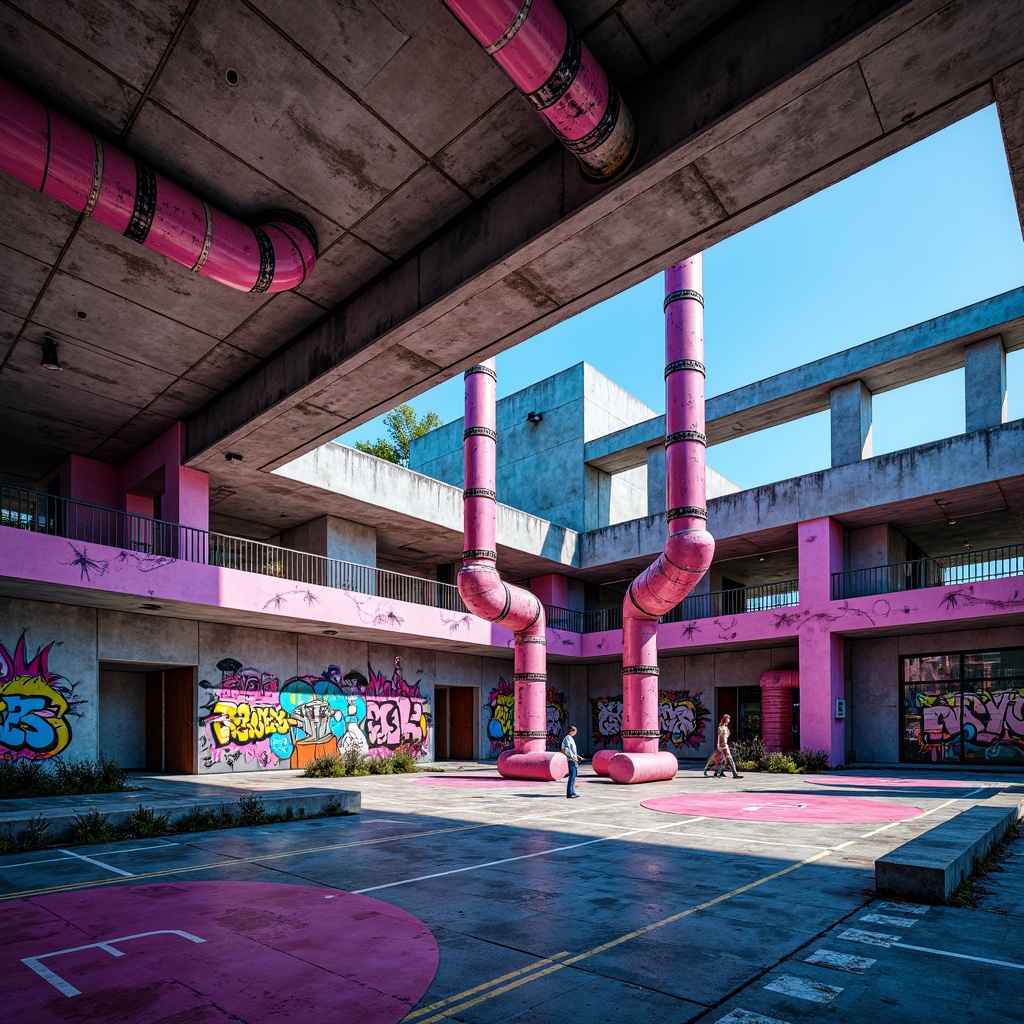 Prompt: Deconstructed gymnasium, bold fragmented forms, exposed concrete structures, metallic beams, industrial pipes, distressed finishes, vibrant color palette, neon pink accents, electric blue undertones, graffiti-inspired murals, urban decay textures, abstract geometric patterns, dynamic lighting effects, high-contrast shadows, 1/1 composition, cinematic camera angles, gritty realistic renderings.