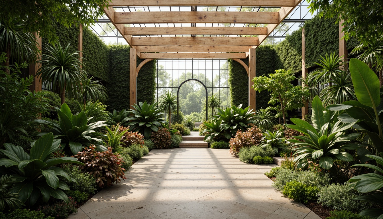 Prompt: Tropical greenhouse interior, lush green walls, exotic plants, natural stone flooring, wooden trellis, misting system, warm soft lighting, shallow depth of field, 1/1 composition, realistic textures, ambient occlusion, integration with outdoor landscape, seamless transition, organic forms, curved lines, modern minimalist design, energy-efficient systems, solar panels, rainwater harvesting, sustainable materials, vibrant colorful accents, intricate botanical patterns.