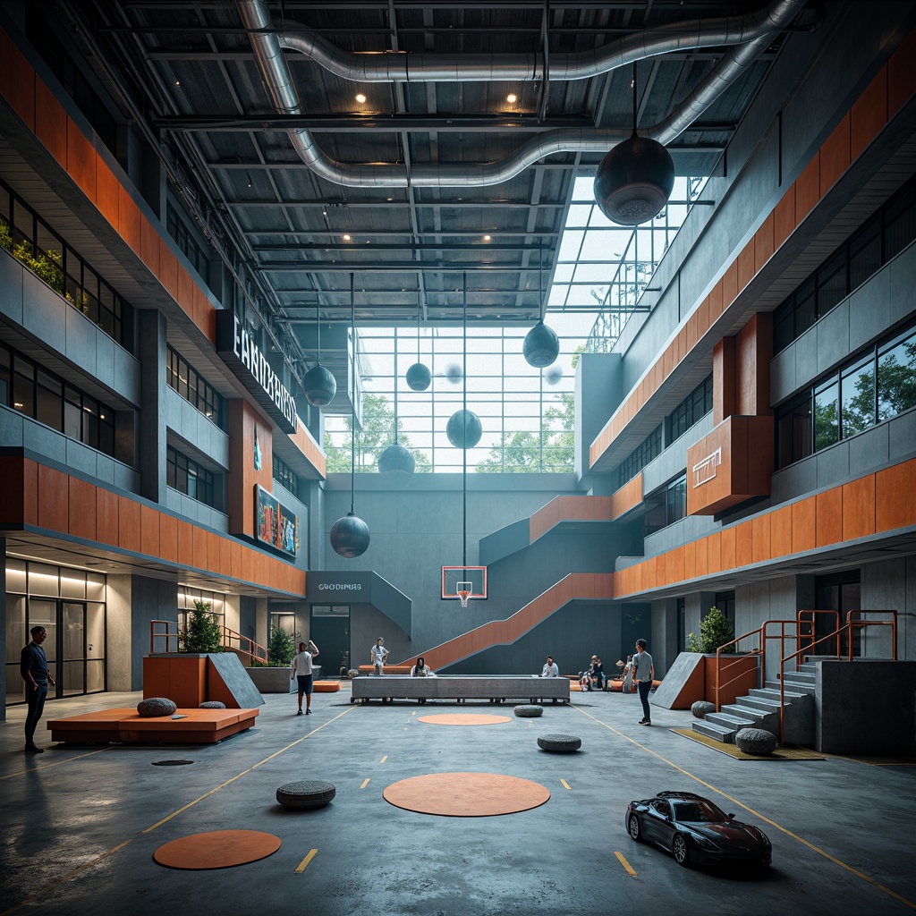 Prompt: Deconstructed gymnasium interior, fragmented architectural forms, irregular shapes, exposed ductwork, industrial-style lighting fixtures, polished concrete floors, metallic beams, suspended basketball hoops, abstract athletic equipment, dynamic spatial arrangements, clashing colors, geometric patterns, futuristic ambiance, high-contrast lighting, dramatic shadows, 1/1 composition, ultra-wide-angle lens, cinematic mood, atmospheric fog effect, volumetric lighting.