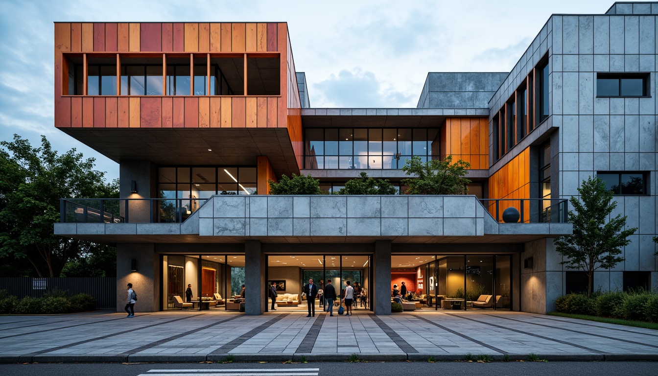 Prompt: Deconstructed gymnasium facade, irregular shapes, fragmented forms, bold color contrasts, metallic cladding, glass bricks, cantilevered structures, asymmetrical compositions, industrial materials, distressed finishes, brutalist aesthetic, urban landscape, concrete pavement, steel beams, neon lighting, futuristic atmosphere, high-contrast shading, dramatic shadows, 1/2 composition, low-angle shot, cinematic mood.