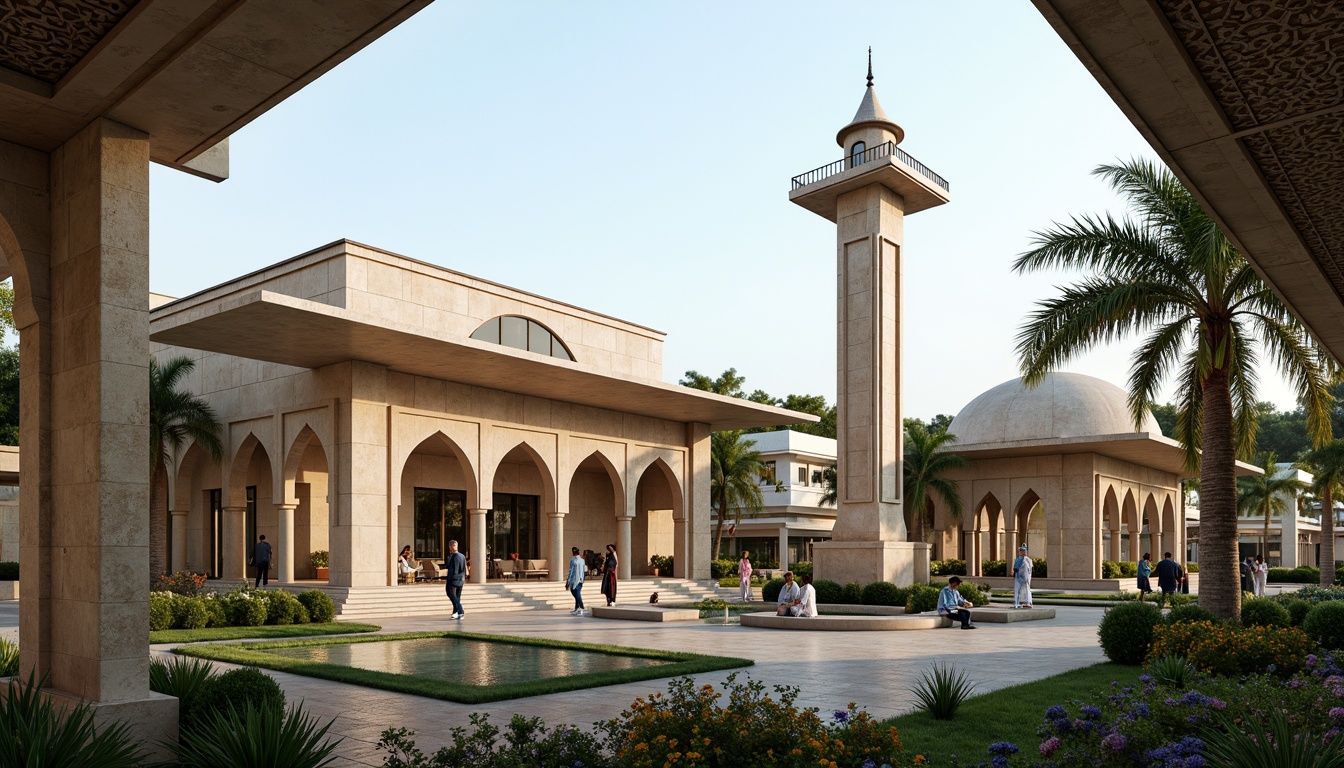 Prompt: Serenity-infused mosque, intricately patterned Islamic geometry, lush green courtyards, tranquil water features, modern minaret, sleek glass domes, natural stone facades, minimalist interior design, ambient lighting, soft warm glow, shallow depth of field, 3/4 composition, panoramic view, realistic textures, ambient occlusion, surrounded by vibrant flowers, palm trees, and serene desert landscape.