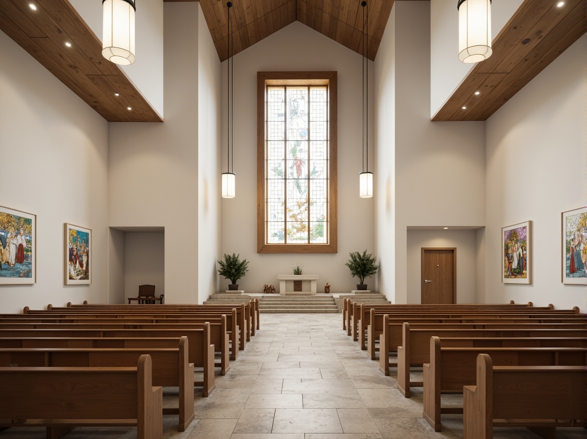 Prompt: Minimalist interior, high ceiling, natural stone flooring, wooden pews, simple altar, abstract stained glass windows, modern chandeliers, neutral color palette, indirect soft lighting, shallow depth of field, 1/1 composition, symmetrical architecture, clean lines, minimal ornamentation, sacred symbols, international style influences, cultural fusion elements, ambient occlusion, realistic textures.