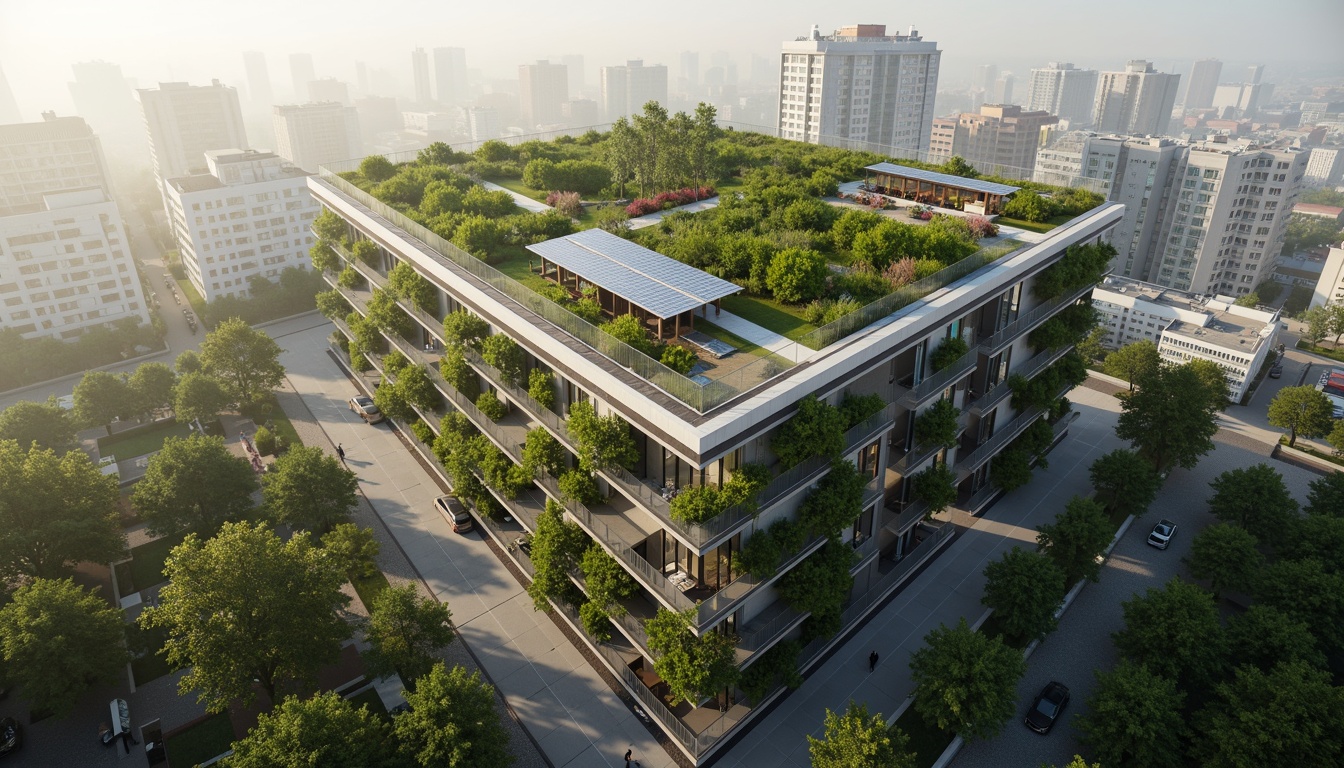 Prompt: Eco-friendly skyscraper, verdant rooftop garden, solar panels, green walls, recycled materials, minimalist aesthetic, natural ventilation systems, energy-efficient appliances, rainwater harvesting system, grey water reuse, composting facilities, bicycle parking, electric vehicle charging stations, public transportation access, urban forest surroundings, misty morning atmosphere, soft warm lighting, 1/1 composition, symmetrical architecture, modern sleek lines, realistic textures, ambient occlusion.