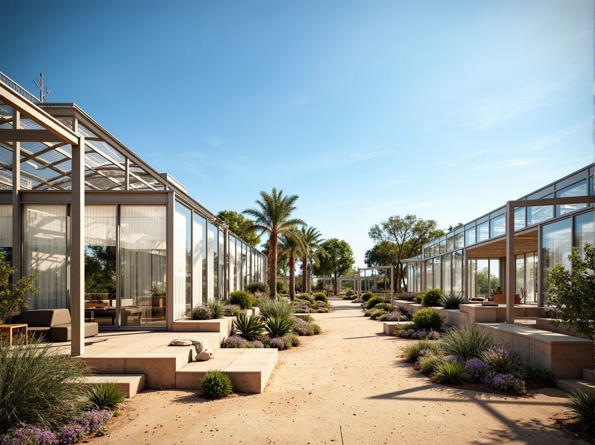 Prompt: Desert greenhouse, arid climate, hot sunny day, clear blue sky, vast open space, futuristic architecture design, sleek metal framework, transparent polycarbonate panels, automatic roof vents, evaporative cooling systems, misting systems, shading devices, solar screens, reflective insulation materials, moisture-resistant coatings, advanced climate control systems, precise temperature regulation, optimal humidity levels, healthy plant growth, lush greenery, vibrant flowers, tropical plants, exotic cacti, efficient irrigation systems, water conservation technologies.