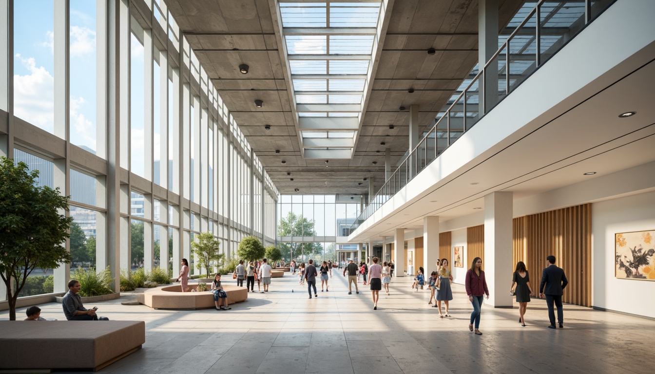 Prompt: Vibrant visual arts center, expansive glass fa\u00e7ade, clerestory windows, skylights, open floor plan, minimal obstruction, reflective white walls, polished concrete floors, suspended track lighting, ambient natural light, soft warm tones, indirect sunlight, diffused shadows, 1/1 composition, shallow depth of field, panoramic view, realistic textures, ambient occlusion.