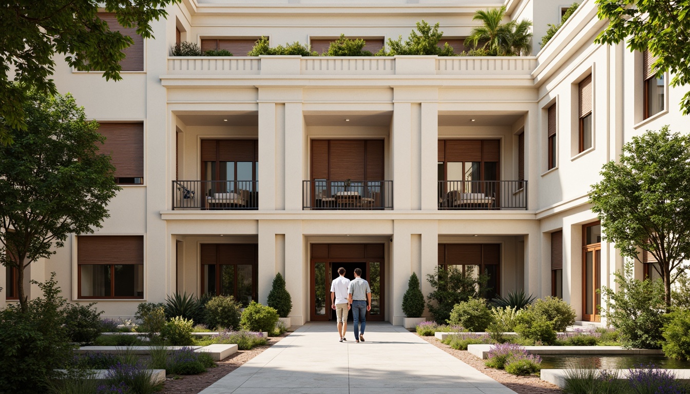 Prompt: Elegant hotel facade, classical academic style, grand entrance, ornate columns, symmetrical architecture, cream-colored stone walls, large windows, wooden shutters, rustic metal doors, lush greenery, blooming flowers, tranquil courtyard, serene water features, soft warm lighting, shallow depth of field, 1/1 composition, realistic textures, ambient occlusion.Let me know if you need any further assistance!