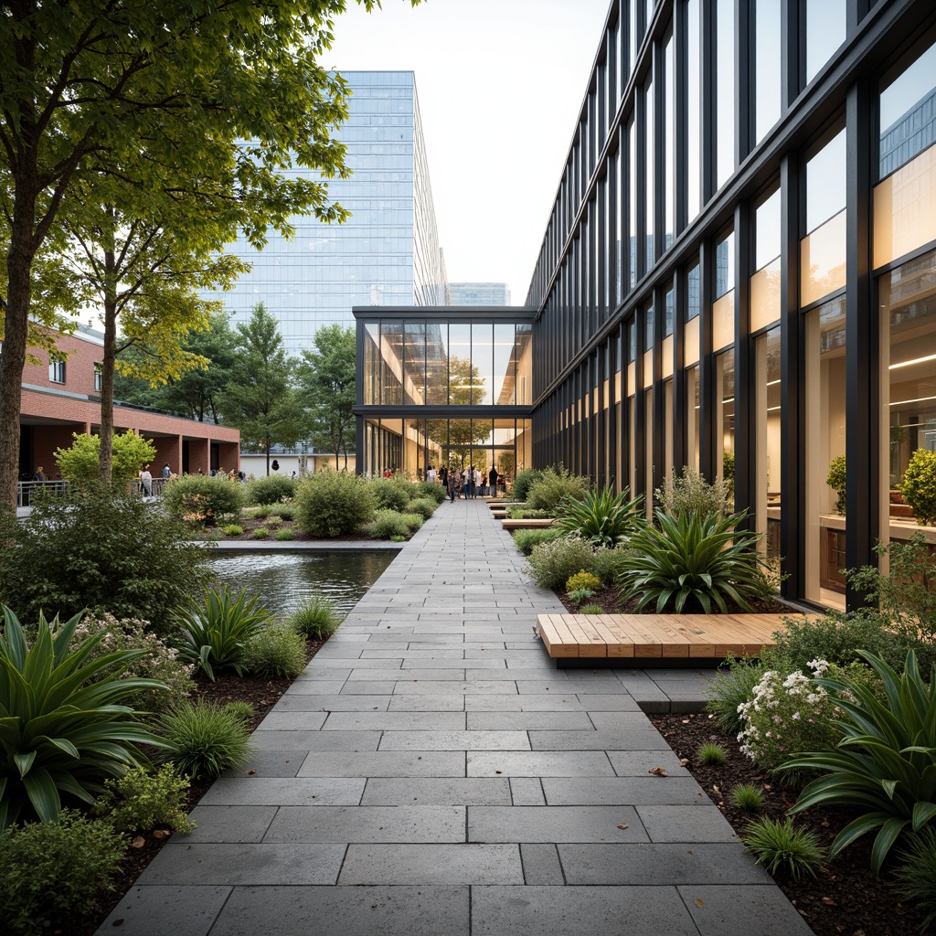 Prompt: Minimalist library facade, sleek glass walls, modern angular lines, open green spaces, serene water features, natural stone walkways, wooden benches, lush vegetation, tropical plants, vibrant flower arrangements, geometric patterned paving, soft warm lighting, shallow depth of field, 3/4 composition, panoramic view, realistic textures, ambient occlusion.