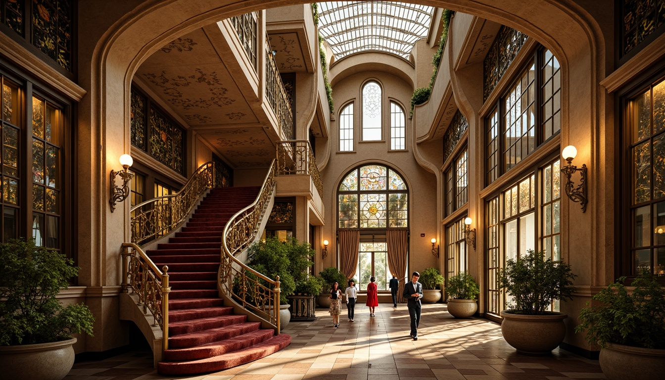 Prompt: Ornate Art Nouveau building, sinuous lines, flowing curves, organic forms, stained glass windows, ornamental metalwork, intricate mosaics, grand staircase, lavish furnishings, velvet drapes, floral patterns, natural motifs, whimsical illustrations, luxurious textiles, warm golden lighting, soft focus, shallow depth of field, 1/2 composition, atmospheric perspective, realistic reflections.