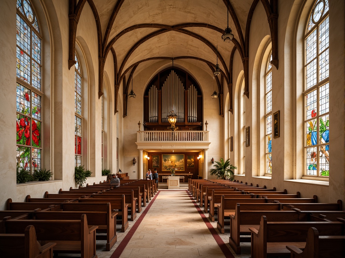 Prompt: Elegant church interior, soft warm lighting, stained glass windows, ornate wooden pews, cream-colored stone walls, richly toned wood accents, majestic pipe organs, vibrant holy artwork, subtle golden highlights, serene atmosphere, gentle color transitions, natural stone floors, decorative vaulted ceilings, grandiose architecture, peaceful ambiance, calming color scheme, spiritual essence.