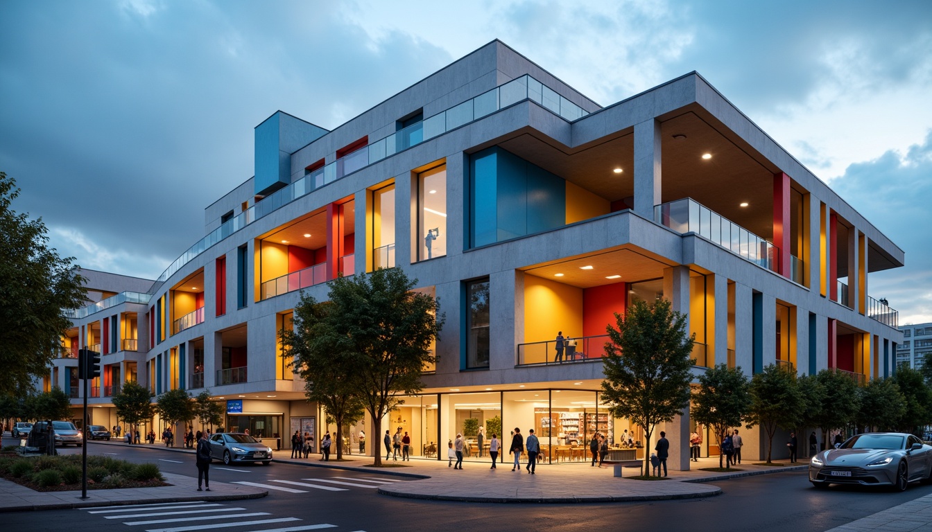 Prompt: Geometric student halls, abstract constructivist facade, bold angular lines, vibrant primary colors, industrial materials, exposed concrete walls, metal beams, brutalist architecture, functionalist design, asymmetrical composition, dynamic shapes, urban context, busy city streets, modern streetlights, cloudy blue sky, dramatic shadows, high contrast lighting, 1/2 composition, realistic textures, ambient occlusion.