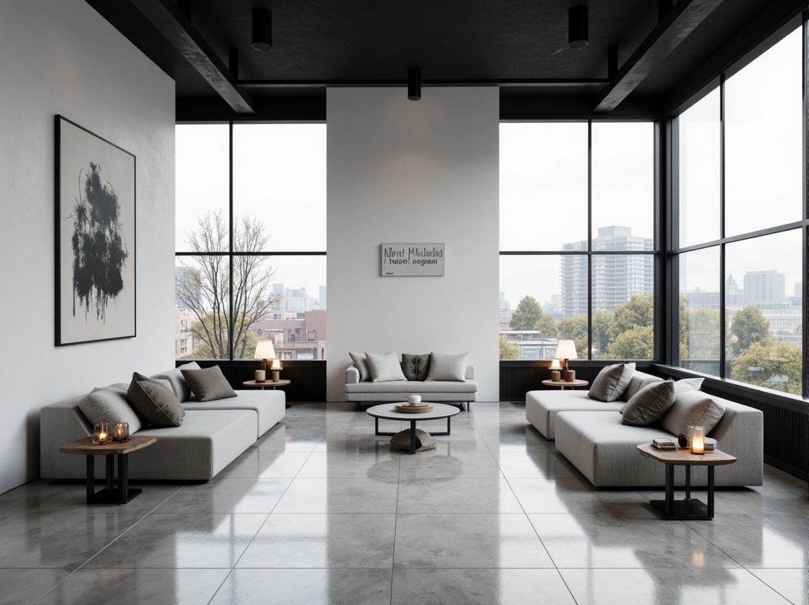 Prompt: Minimalist interior, sleek lines, geometric shapes, monochromatic color scheme, polished marble floors, modern furniture, angular tables, futuristic lamps, abstract artwork, urban cityscape, glass windows, steel beams, industrial materials, brutalist architecture, clean minimalism, 1/1 composition, high-contrast lighting, dramatic shadows, bold typography.