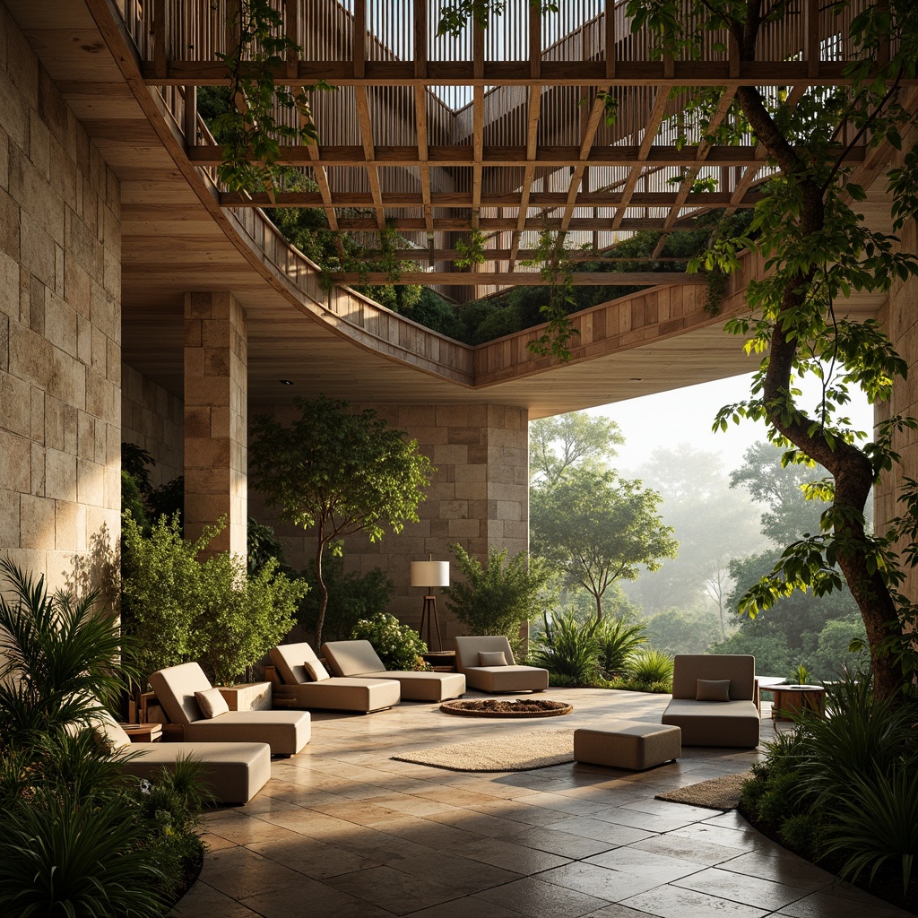 Prompt: Earth-toned natural stone facades, reclaimed wood accents, bamboo ceilings, living green walls, organic curvilinear lines, sustainable eco-friendly materials, solar-powered energy systems, water-harvesting roofs, rainforest-inspired landscaping, misty atmospheric lighting, warm earthy color palette, 1/2 composition, shallow depth of field, soft focus, rustic textures, natural ventilation systems, bamboo flooring, rattan furniture, organic shapes, free-flowing interior spaces.