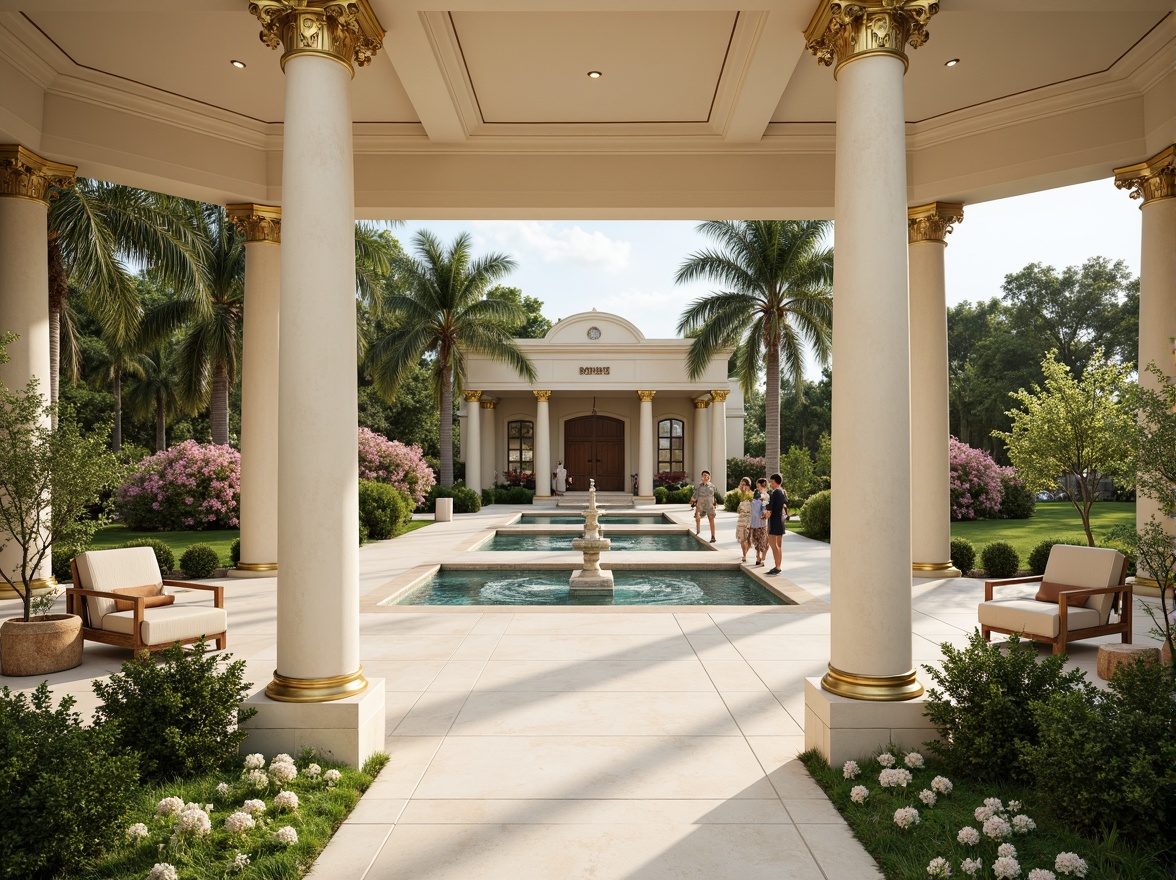 Prompt: Elegant pavilion, classical architecture, soft cream columns, ornate golden details, subtle marble textures, warm beige stonework, refined wooden accents, lush greenery surroundings, serene water features, tranquil fountain sounds, vibrant blooming flowers, gentle natural lighting, 1/1 composition, symmetrical framing, realistic renderings, ambient occlusion.