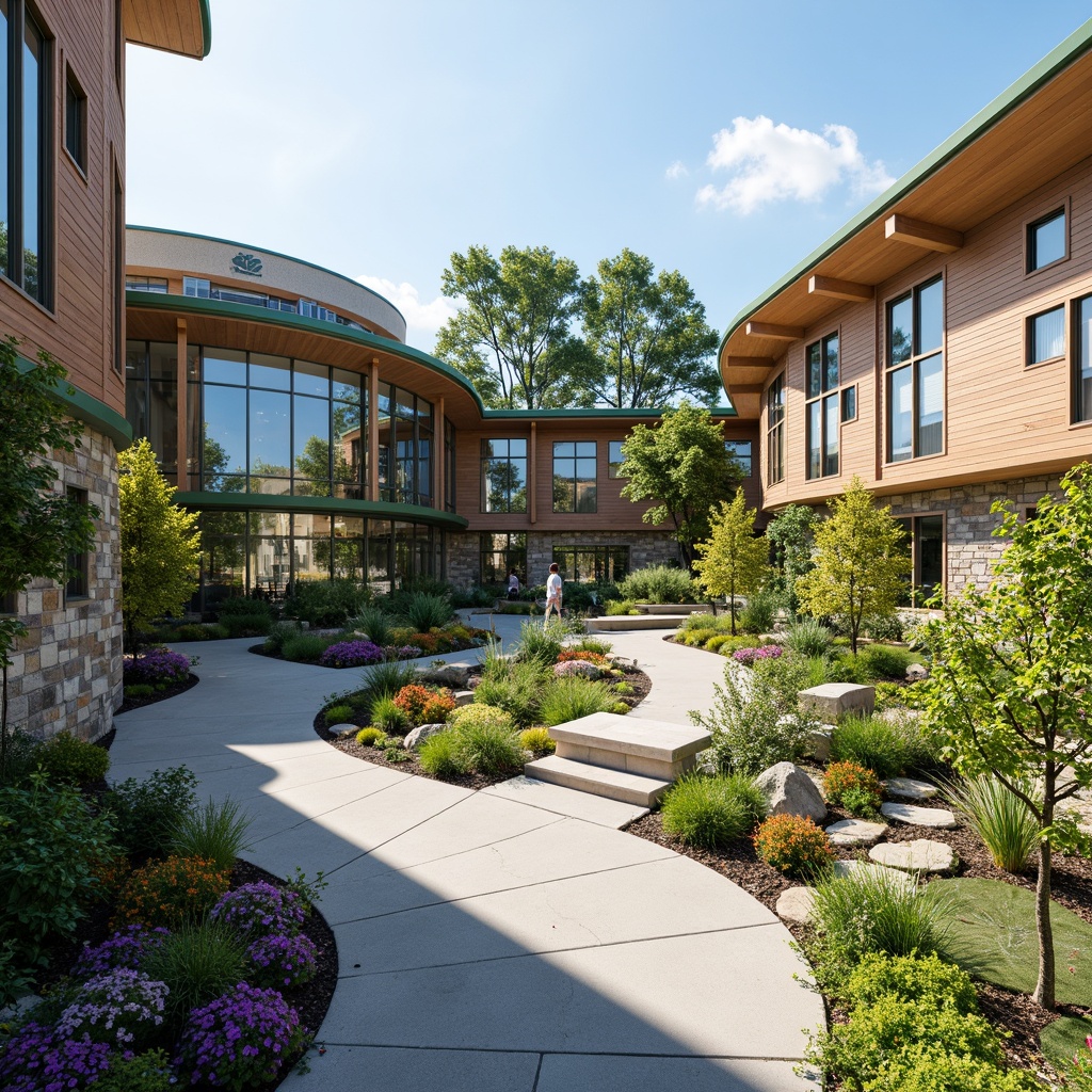 Prompt: Vibrant community health center, curved glass fa\u00e7ade, natural stone walls, green roofs, solar panels, vertical gardens, calming water features, accessible ramps, wide entrances, clear signage, modern minimalist design, abundant natural light, warm wooden accents, colorful textiles, geometric patterns, shallow depth of field, 3/4 composition, panoramic view, realistic textures, ambient occlusion.