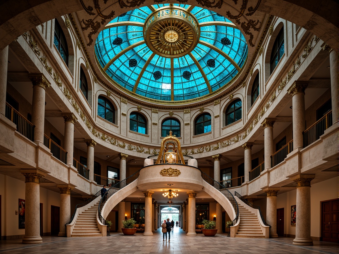 Prompt: Celestial planetarium, classic domed structure, ornate stone carvings, grand entrance archways, intricate astronomical patterns, vibrant blue-green glass mosaics, metallic accents, ornamental bronze details, symmetrical fa\u00e7ade composition, majestic columns, curved staircases, ambient soft lighting, warm golden illumination, shallow depth of field, 1/1 composition, realistic textures, ambient occlusion.