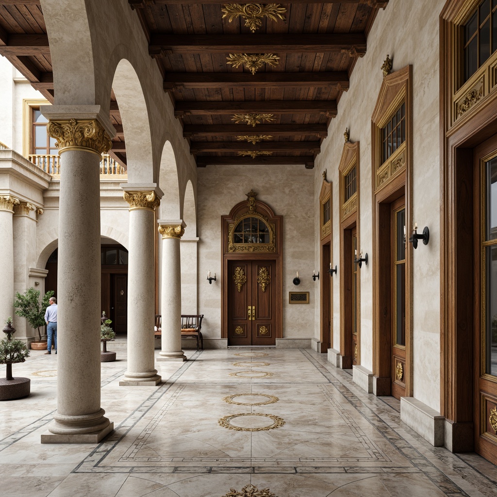 Prompt: Grandiose columns, ornate moldings, lavish marble floors, polished bronze details, intricately carved wooden doors, stucco facades, symmetrical compositions, classical proportions, rustic stone walls, arched windows, ornamental metalwork, subtle color palette, soft natural lighting, 3/4 composition, shallow depth of field, realistic textures, ambient occlusion.