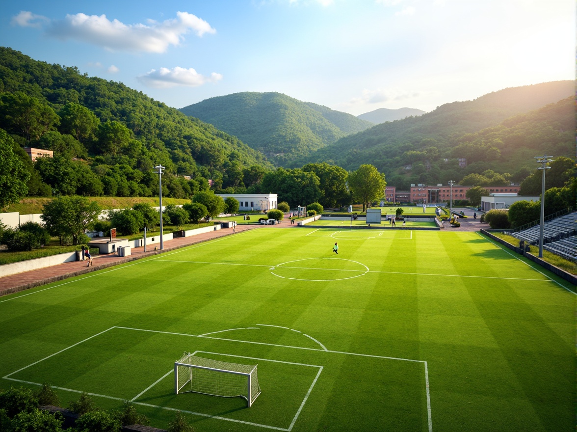 Prompt: Vibrant sports fields, lush green grass, rolling hills, athletic tracks, soccer goals, baseball diamonds, tennis courts, basketball hoops, volleyball nets, bleachers, grandstands, natural stone pathways, rustic wooden fences, modern irrigation systems, automatic sprinklers, sunny day, soft warm lighting, shallow depth of field, 3/4 composition, panoramic view, realistic textures, ambient occlusion.Let me know if you need any adjustments!