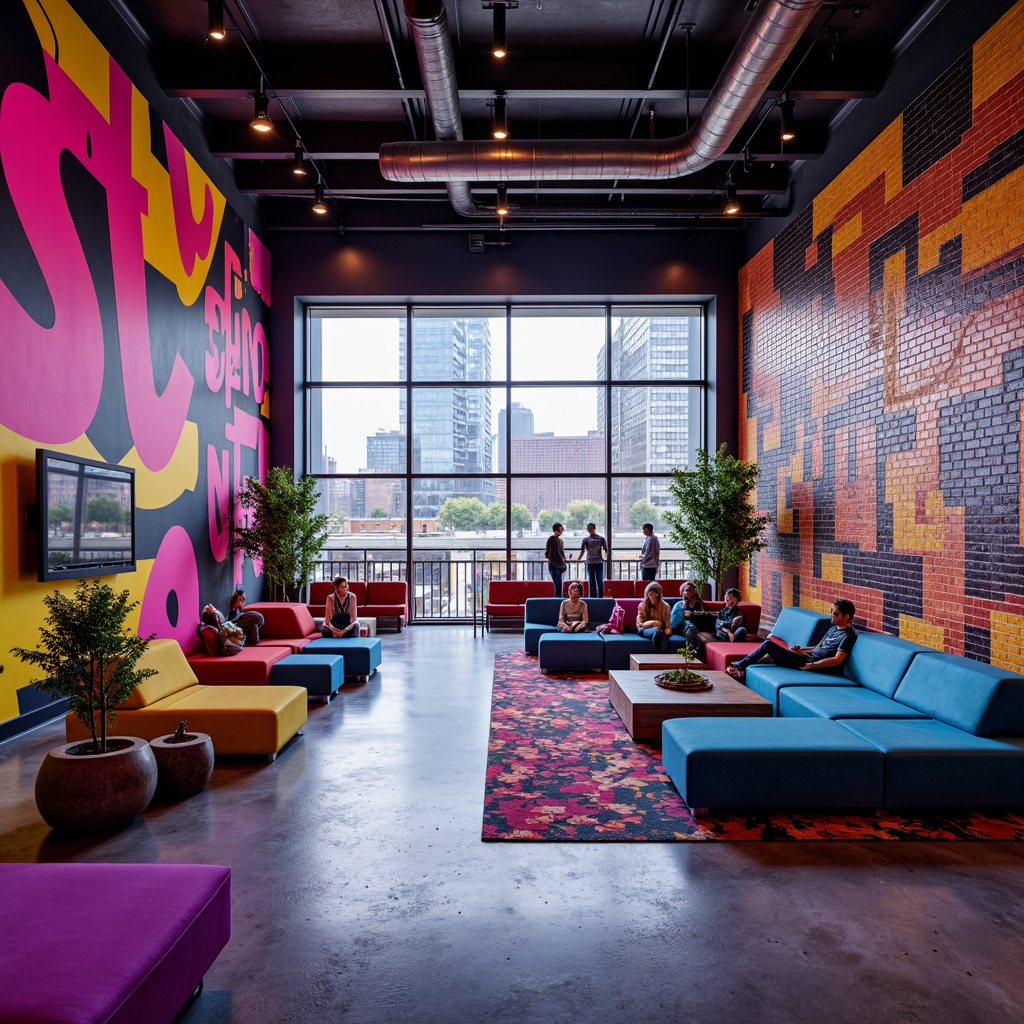 Prompt: Vibrant youth center, neon color scheme, bold typography, graffiti-inspired murals, eclectic furniture, industrial metal beams, polished concrete floors, exposed ductwork, natural light pouring in, urban cityscape views, abstract geometric patterns, contrasting textures, dynamic camera angles, high-contrast lighting, dramatic shadows, 1/2 composition, cinematic mood, stylized reflections.