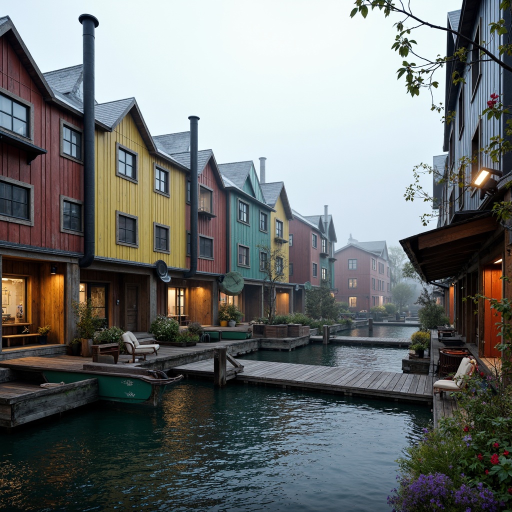 Prompt: Waterfront location, rustic wooden dock, vintage boatlifts, nautical ropes, distressed wood facades, asymmetrical composition, irregular shapes, bold color accents, corrugated metal cladding, weathered steel beams, reclaimed wood textures, industrial-style windows, curved rooflines, playful ornamental details, whimsical architectural forms, eclectic material palette, moody atmospheric lighting, misty morning ambiance, shallow depth of field, 1/2 composition, cinematic framing.