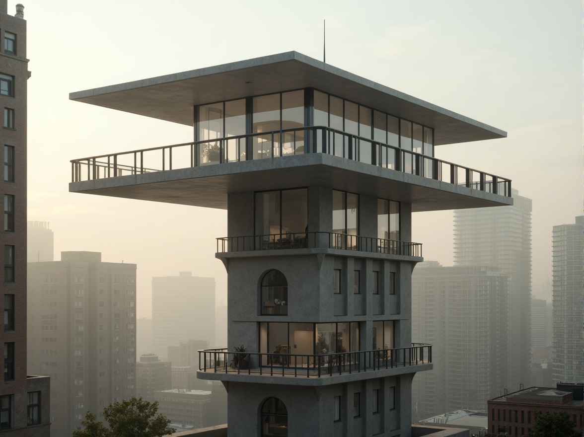 Prompt: Sleek watchtower, modernist architecture, angular lines, minimalist design, industrial metal beams, exposed ductwork, concrete foundation, cantilevered floors, floor-to-ceiling windows, transparent glass walls, open-air observation decks, steel railings, functional simplicity, brutalist aesthetic, urban cityscape, misty morning, soft warm lighting, shallow depth of field, 3/4 composition, panoramic view, realistic textures, ambient occlusion.